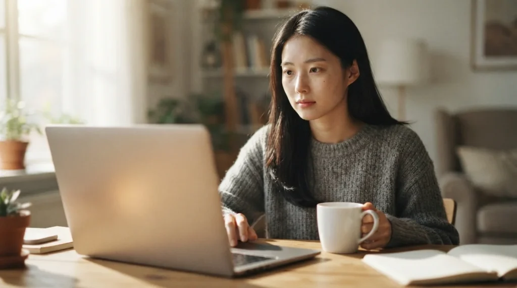 노트북으로 애드센스 ads.txt 경고를 심각하게 확인하는 여성