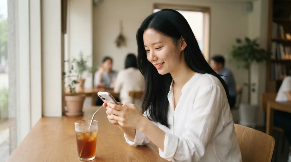 카페에서 스마트폰으로 워드프레스 목차를 클릭해 정독하는 여성