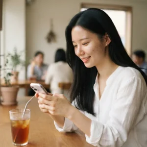 카페에서 스마트폰으로 워드프레스 목차를 클릭해 정독하는 여성