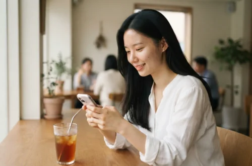 카페에서 스마트폰으로 워드프레스 목차를 클릭해 정독하는 여성
