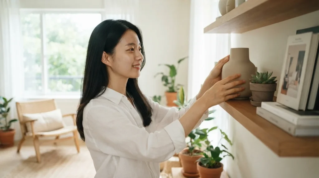 리빙 분야 협찬을 받아 밝은 방에서 선반 위 인테리어 소품을 정리하는 여성
