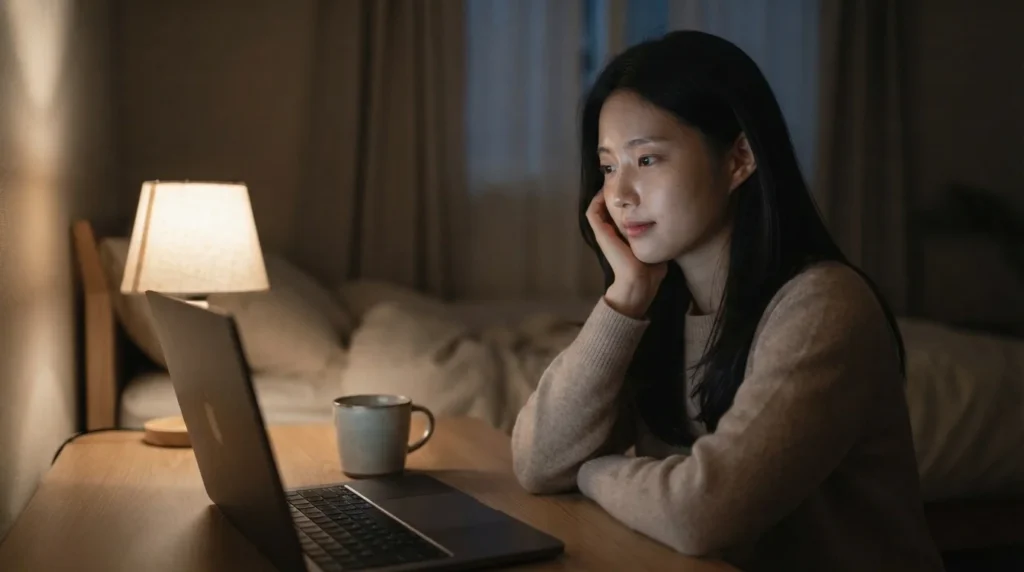 네이버 블로그 수익화 방법을 고민하며 밤에 노트북을 보는 여성