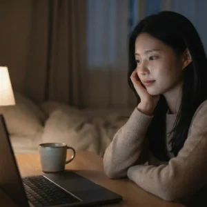 네이버 블로그 수익화 방법을 고민하며 밤에 노트북을 보는 여성