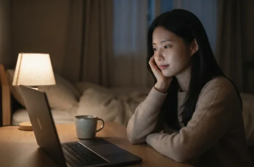 네이버 블로그 수익화 방법을 고민하며 밤에 노트북을 보는 여성