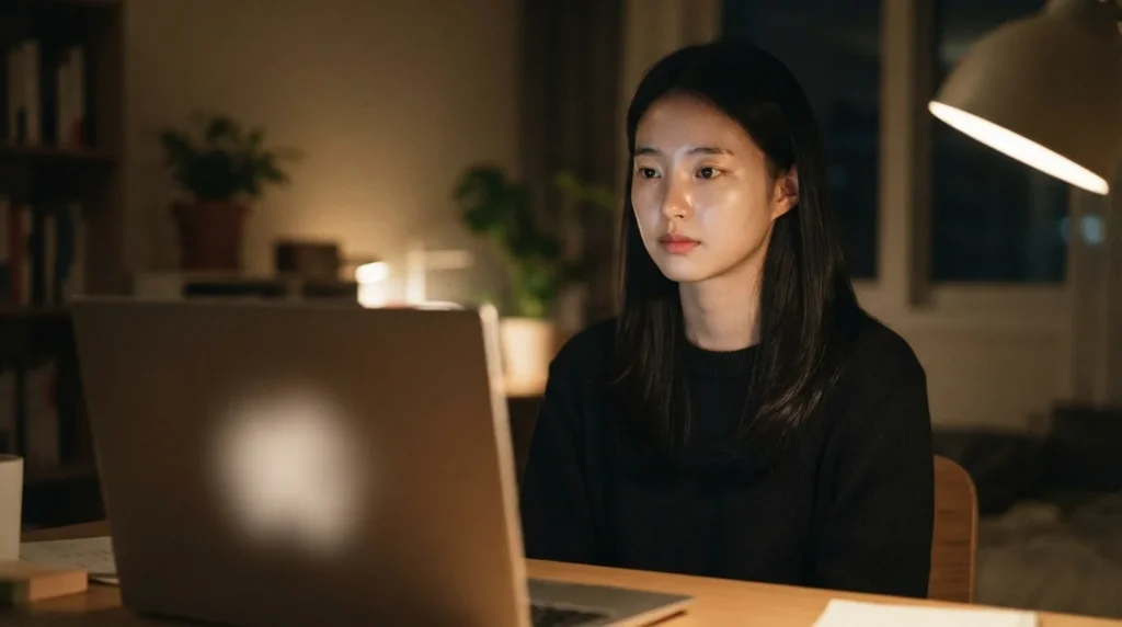 어두운 방에서 밤늦게 노트북을 보며 구글 검색 노출 방법을 고민하는 여성