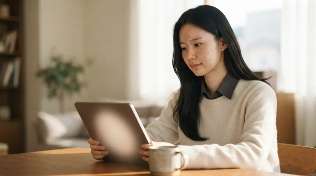 태블릿으로 워드프레스 목차를 확인하며 글을 읽는 여성