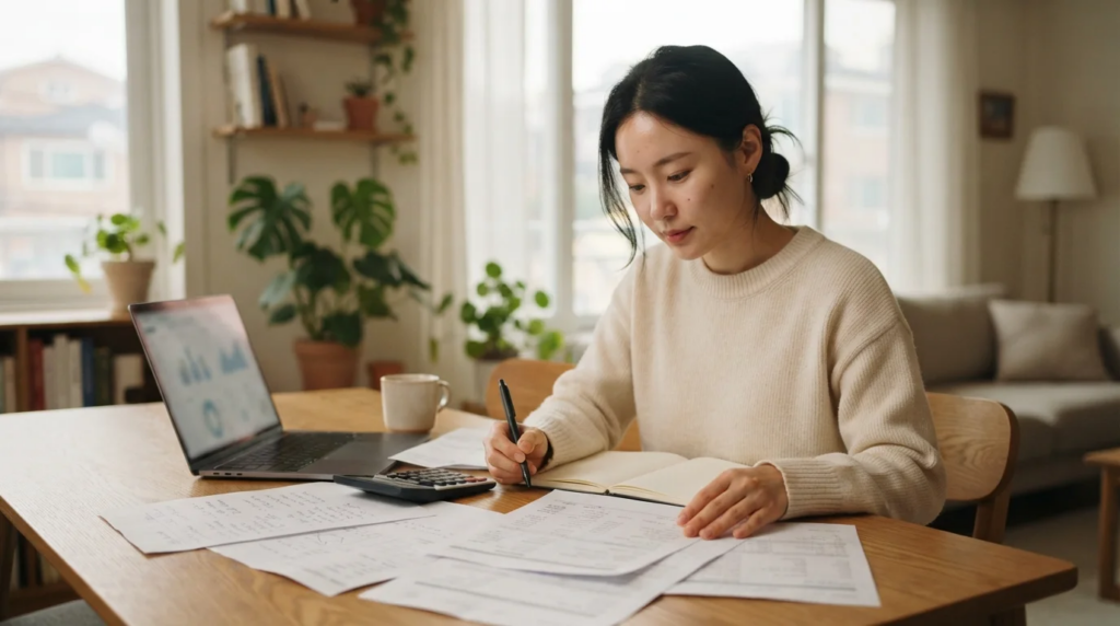 테이블 위 서류와 계산기로 부부공동명의 변경 방법 세액을 비교하는 여성