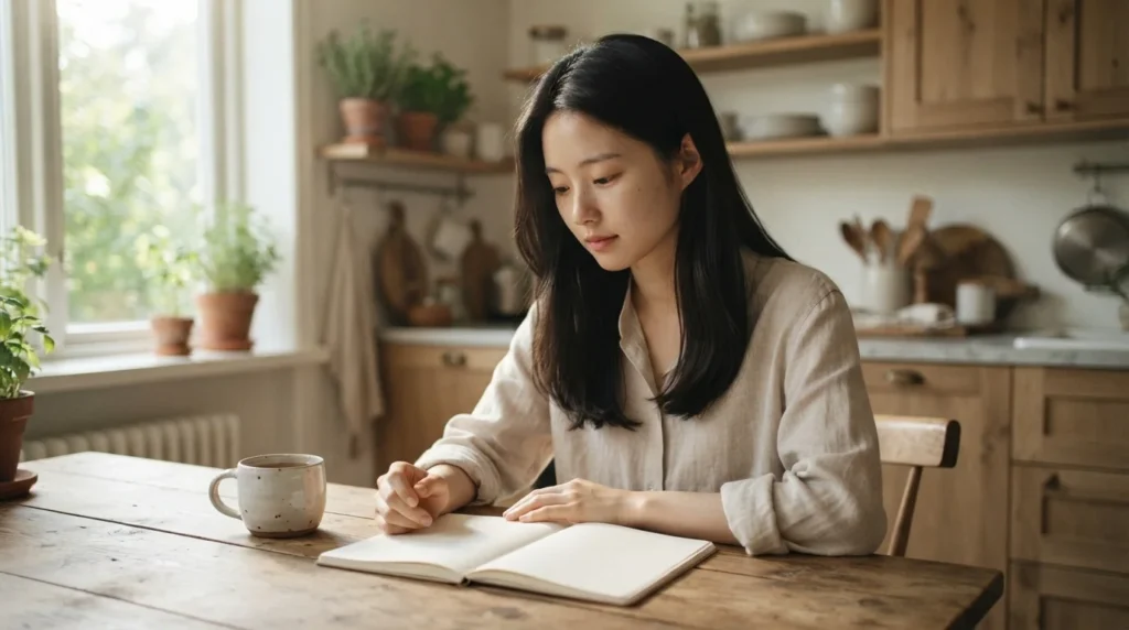 따뜻한 주방에서 공책을 보며 2026 세제개편안 실거주 기준을 고민하는 여성