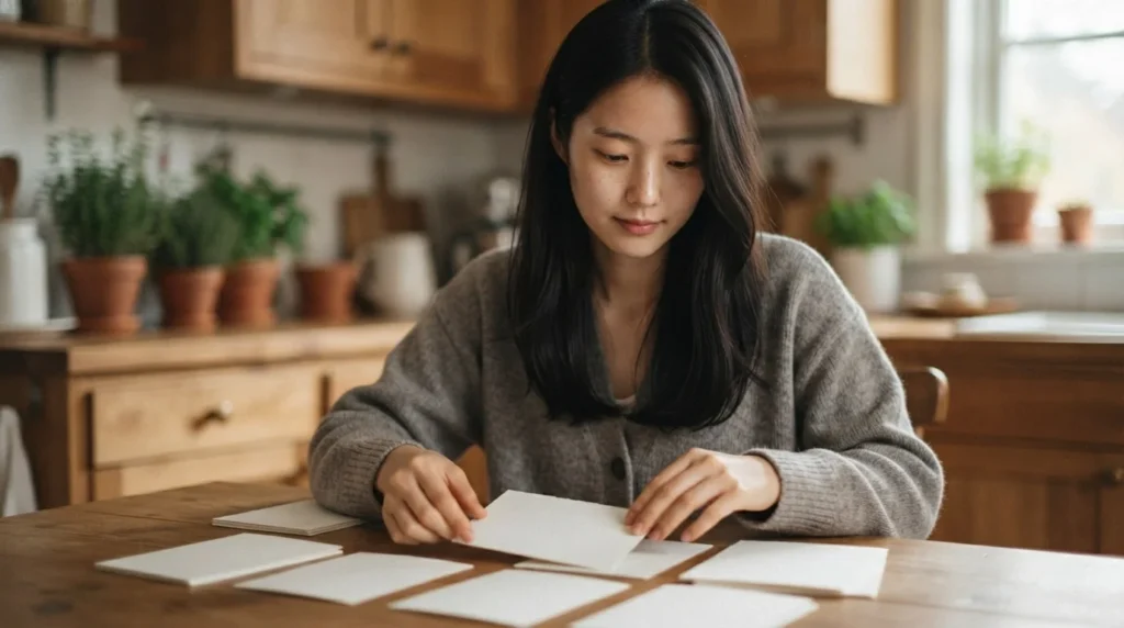 테이블 위에 엽서를 펼쳐놓고 정리하는 여성. 블로그 SEO 최적화를 위한 콘텐츠 기획 단계.
