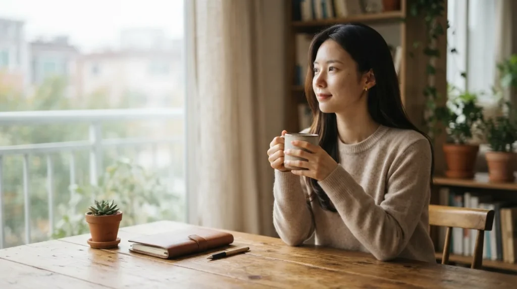 창가 테이블에서 컵을 들고 네이버 블로그 수익화 방법을 고민하는 여성