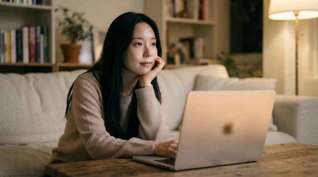 카페에서 앞치마를 입고 따뜻한 커피를 든 채 미소 짓는 바리스타 파이어족의 모습.