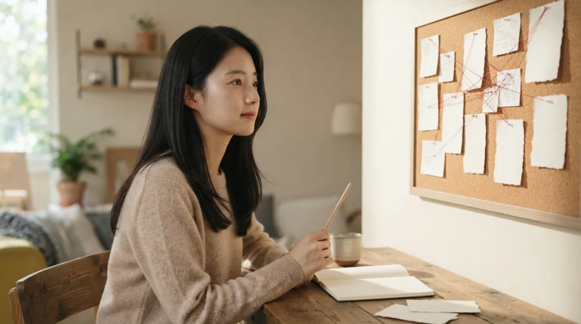 연결망이 그려진 게시판을 보며 구글 검색 노출 전략을 구상하는 여성