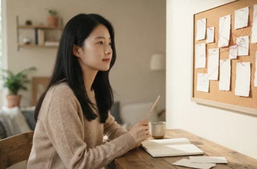 연결망이 그려진 게시판을 보며 구글 검색 노출 전략을 구상하는 여성
