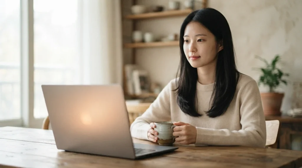 노트북 화면을 보며 구글 검색 노출 오류를 점검하는 여성
