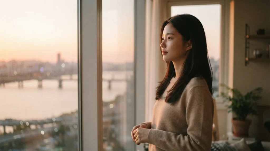 창밖 한강 풍경을 보며 2026 세제개편안 종부세 세율 단일화를 고민하는 여성