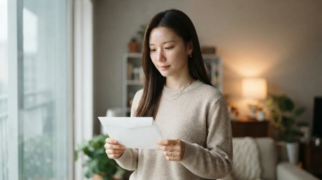 근로장려금 안내문 봉투를 열어보고 소득 요건을 확인하는 여성