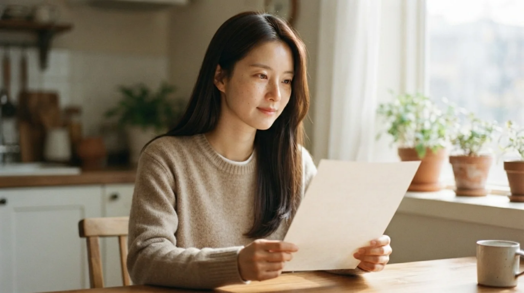 개인사업자 등록 절차에 필요한 신청 서류를 꼼꼼히 확인하는 여성의 모습