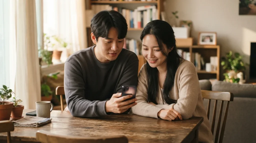 스마트폰으로 근로장려금 맞벌이 신청 방법을 알아보는 부부