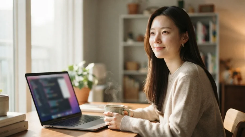 노트북 옆에서 미소 지으며 따뜻한 잔을 든 여성은 양질의 콘텐츠 제작을 통한 승인을 연상시킵니다.