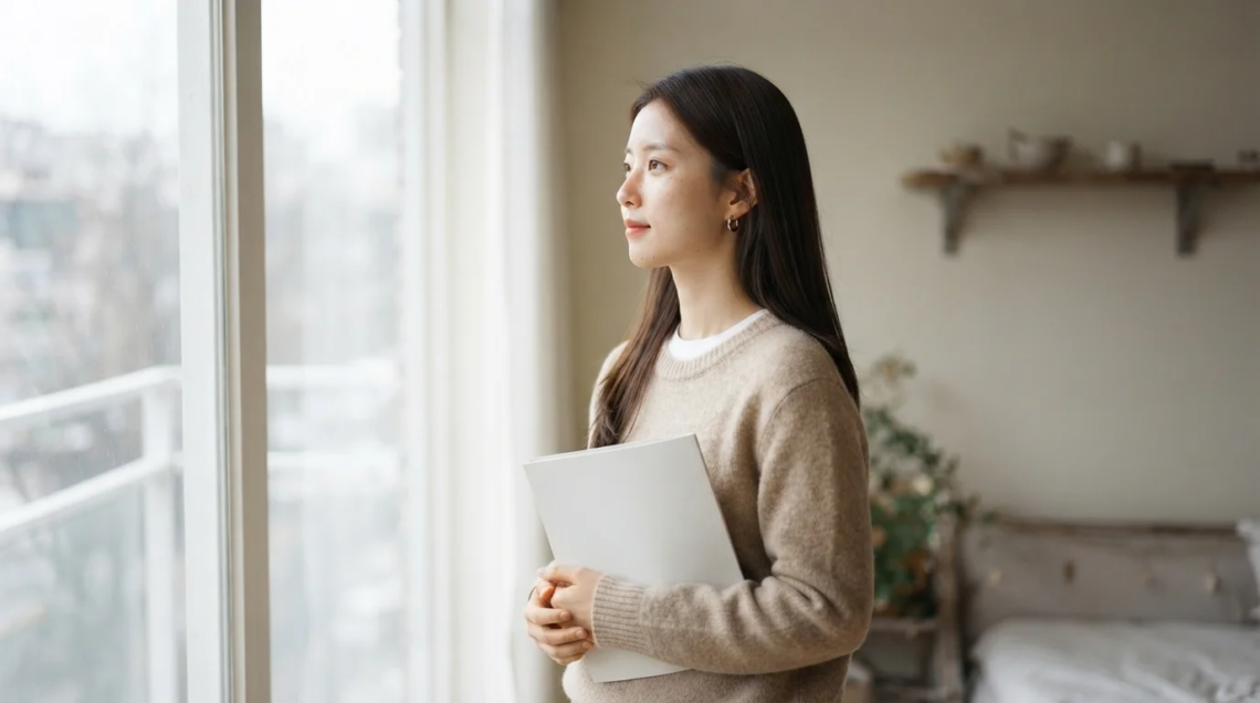서류 봉투를 들고 창밖을 바라보는 여성, 청년 전세대출 한도와 조건을 고민하는 모습