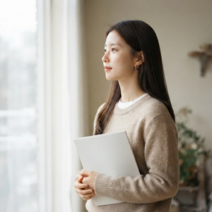 서류 봉투를 들고 창밖을 바라보는 여성, 청년 전세대출 한도와 조건을 고민하는 모습