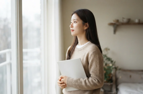 서류 봉투를 들고 창밖을 바라보는 여성, 청년 전세대출 한도와 조건을 고민하는 모습