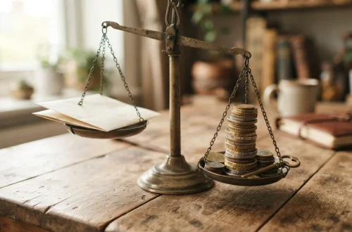 양팔 저울 위에 올려진 서류와 동전 더미로 보는 은행 대출 심사 기준