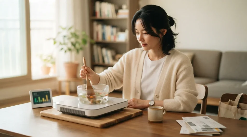 인덕션으로 요리하며 식탁 위 고지서로 전기요금 누진세 구간 확인을 하는 여성