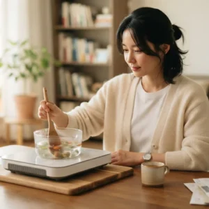 인덕션으로 요리하며 식탁 위 고지서로 전기요금 누진세 구간 확인을 하는 여성