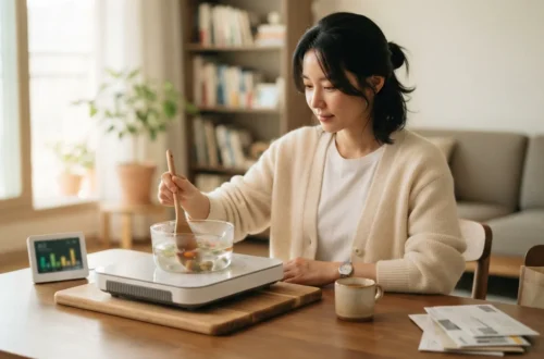 인덕션으로 요리하며 식탁 위 고지서로 전기요금 누진세 구간 확인을 하는 여성