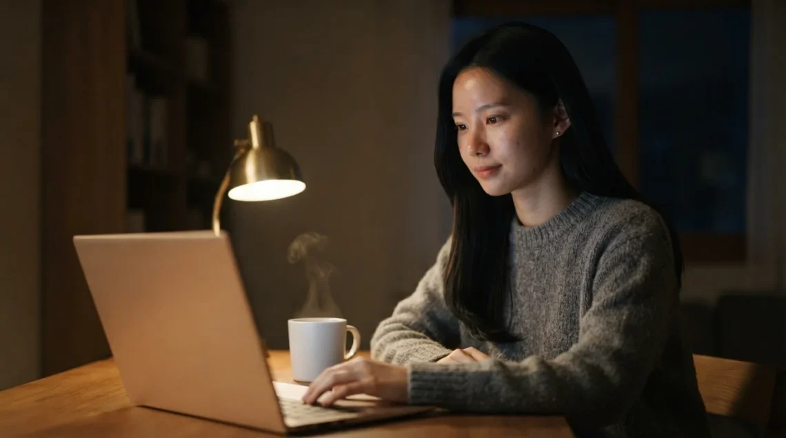 밤늦게 스탠드 불빛 아래에서 노트북으로 블로그 수익을 위해 글 쓰는 여성