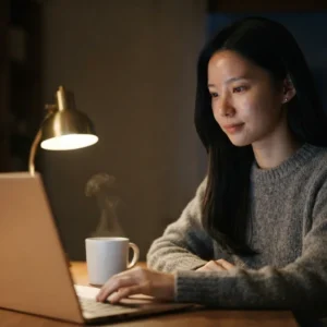 밤늦게 스탠드 불빛 아래에서 노트북으로 블로그 수익을 위해 글 쓰는 여성