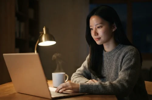 밤늦게 스탠드 불빛 아래에서 노트북으로 블로그 수익을 위해 글 쓰는 여성