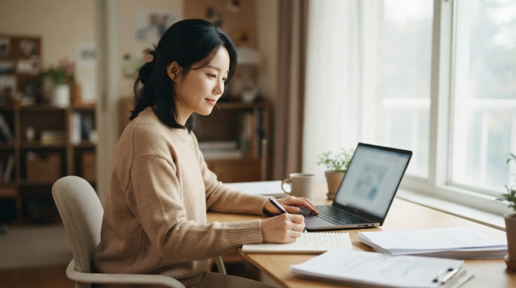 노트북으로 퇴사 후 4대보험 가입확인서 발급 사이트를 보는 여성