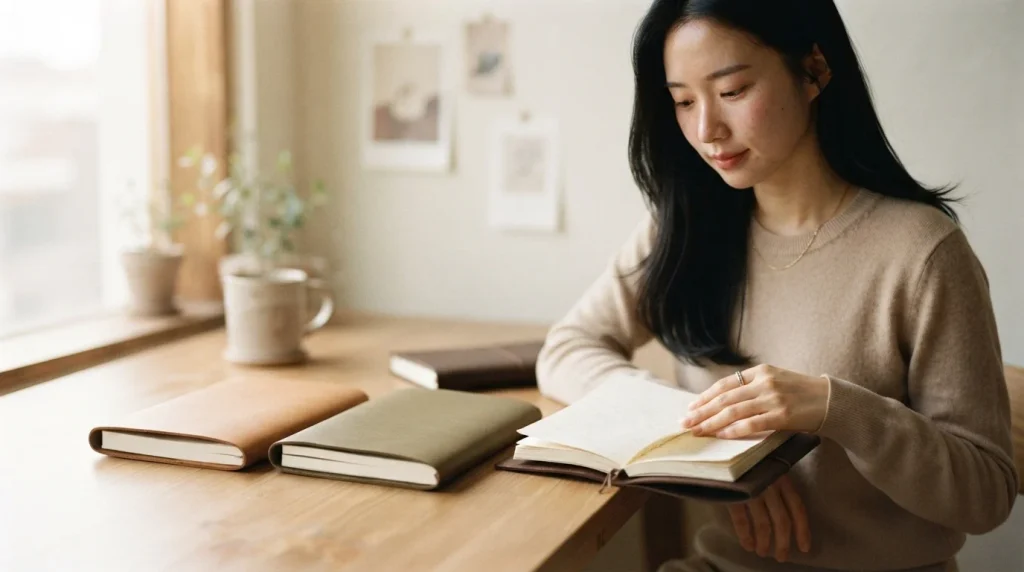 따뜻한 방에서 노트를 펼쳐보며 상위노출 블로그 운영 통계를 분석하는 여성