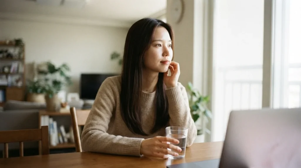 은퇴 후 국민연금 수령나이 조회를 고민하며 생각에 잠긴 여성