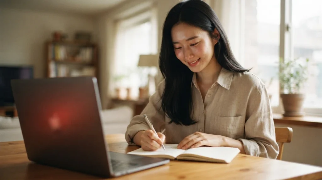 노트북 앞 노트에 필기하며 미소 짓는 여성, 블로그 글쓰기 검색 의도 분석 방법