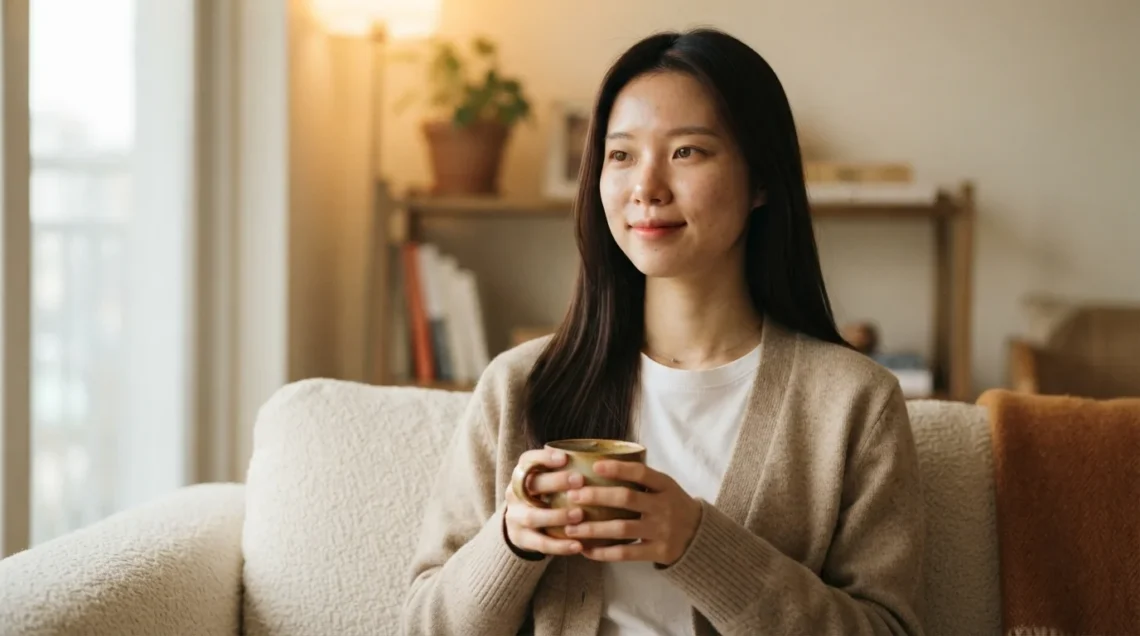 부부 감액 걱정 없이 국민연금 수령나이 조회를 마치고 미소 짓는 여성