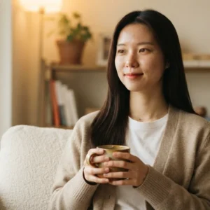 부부 감액 걱정 없이 국민연금 수령나이 조회를 마치고 미소 짓는 여성