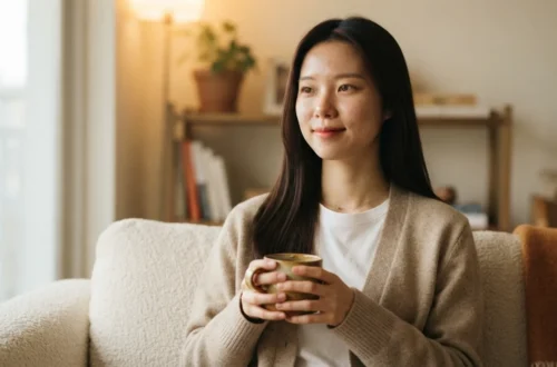 부부 감액 걱정 없이 국민연금 수령나이 조회를 마치고 미소 짓는 여성