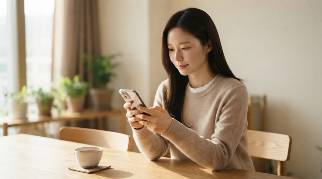 스마트폰으로 내일배움카드 온라인 신청방법을 확인하는 여성