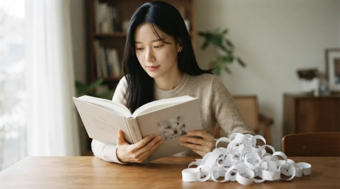 책상에서 책을 읽는 여성과 종이 고리 더미로 보는 콘텐츠 정보의 가치