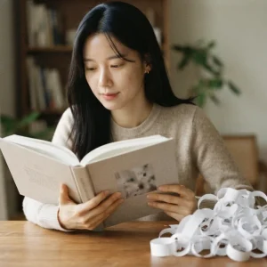 책상에서 책을 읽는 여성과 종이 고리 더미로 보는 콘텐츠 정보의 가치