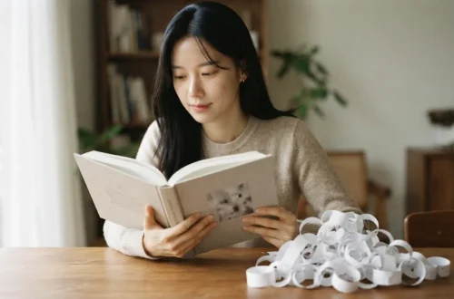 책상에서 책을 읽는 여성과 종이 고리 더미로 보는 콘텐츠 정보의 가치