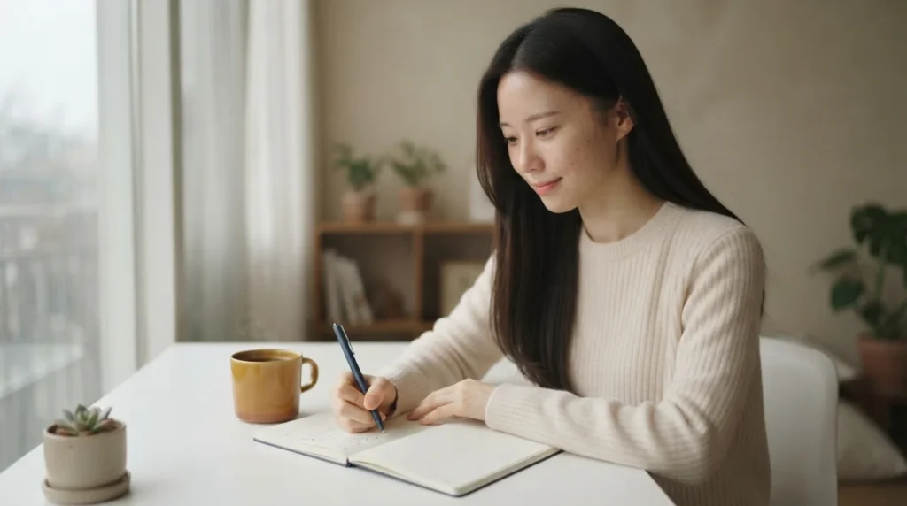테이블에서 노트를 필기하며 권리락 주가 하락 이유와 유의점을 분석하는 여성