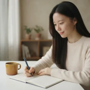 테이블에서 노트를 필기하며 권리락 주가 하락 이유와 유의점을 분석하는 여성