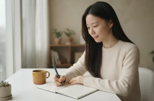 테이블에서 노트를 필기하며 권리락 주가 하락 이유와 유의점을 분석하는 여성