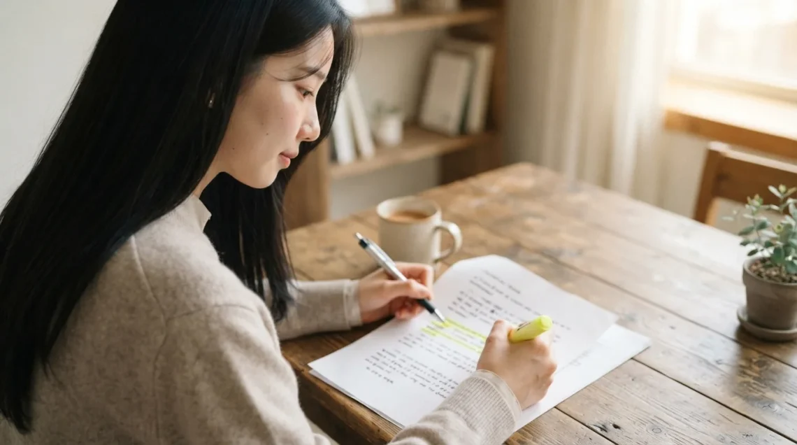 형광펜을 들고 문서를 수정하며 AI 정말 자연스러운 글을 완성하는 여성.