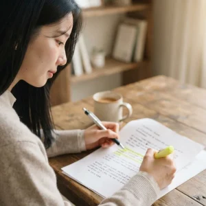 형광펜을 들고 문서를 수정하며 AI 정말 자연스러운 글을 완성하는 여성.