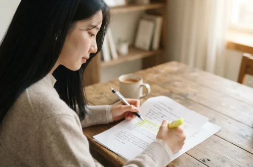 형광펜을 들고 문서를 수정하며 AI 정말 자연스러운 글을 완성하는 여성.